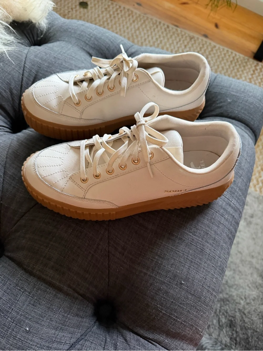 Sorel Women's Cream Leather Sneakers with Gum Brown Platform Sole